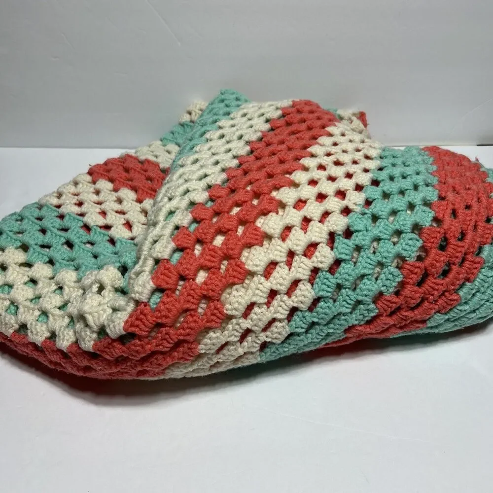 Handmade Afghan Crochet Throw Lap Blanket Mint Green Coral Ivory